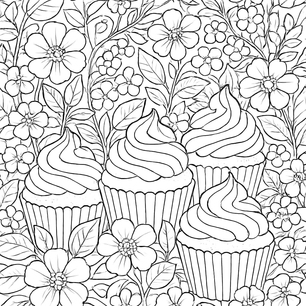 杯子蛋糕涂色页:花园场景