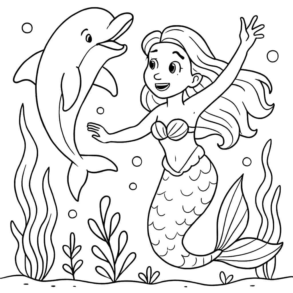 美人魚涂色頁:美人魚與海豚嬉戲