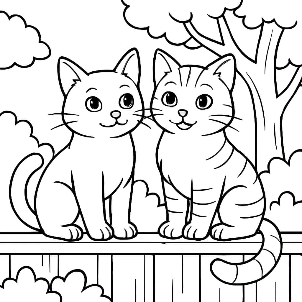 고양이 색칠 공부 페이지 - 울타리 위 두 마리 고양이
