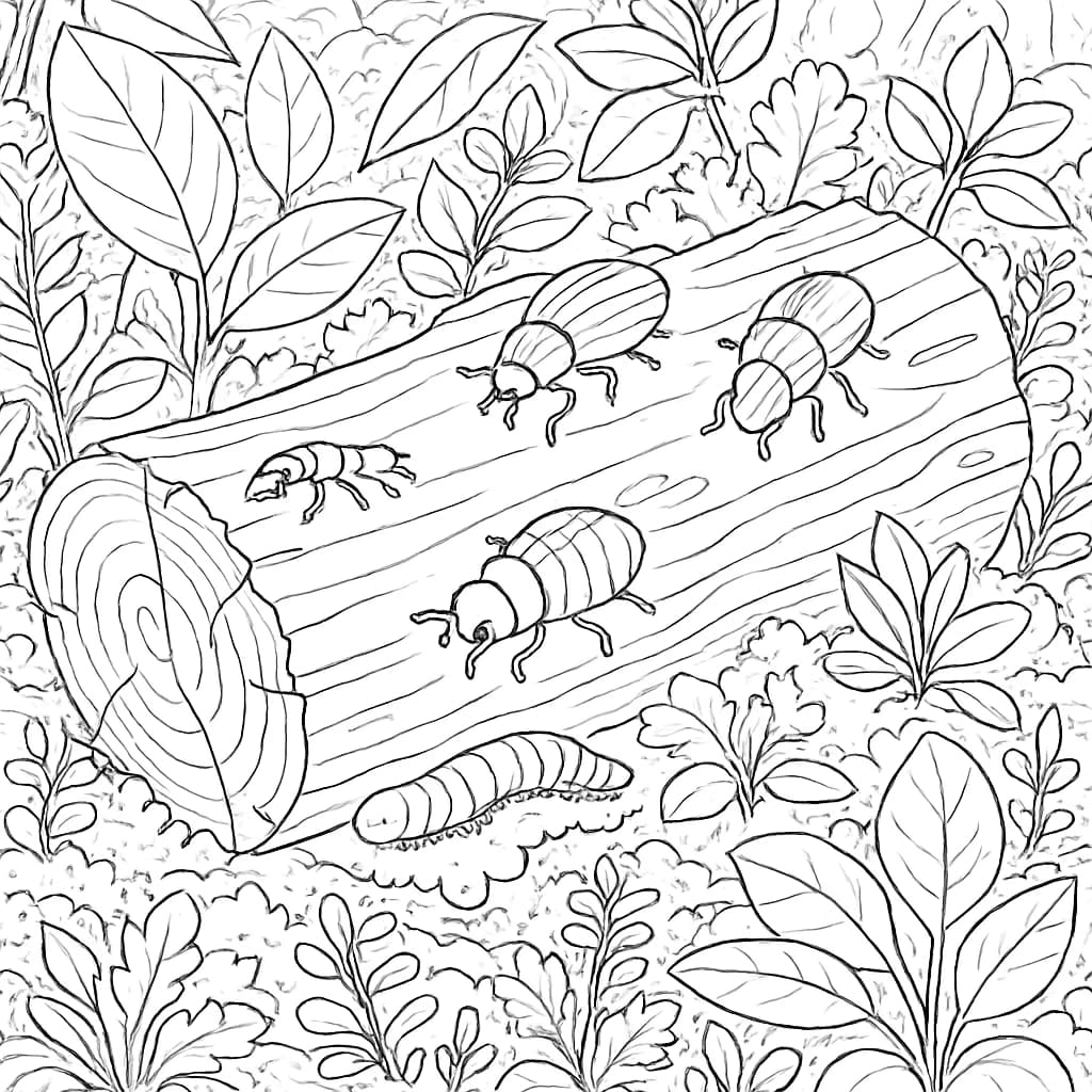 昆虫涂色页 - 树桩上的昆虫群详细线稿