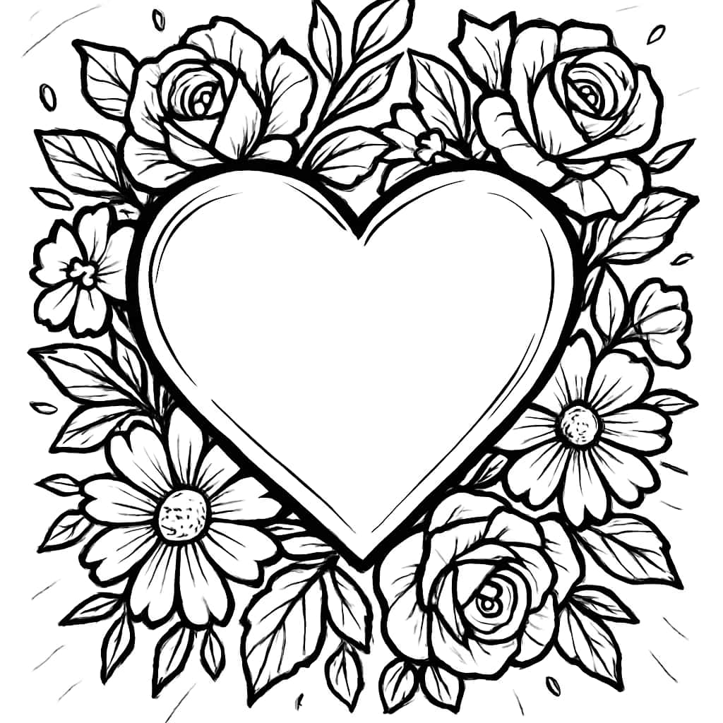 Heart Coloring Pages - Hearts Floral Frame Printable for Teens