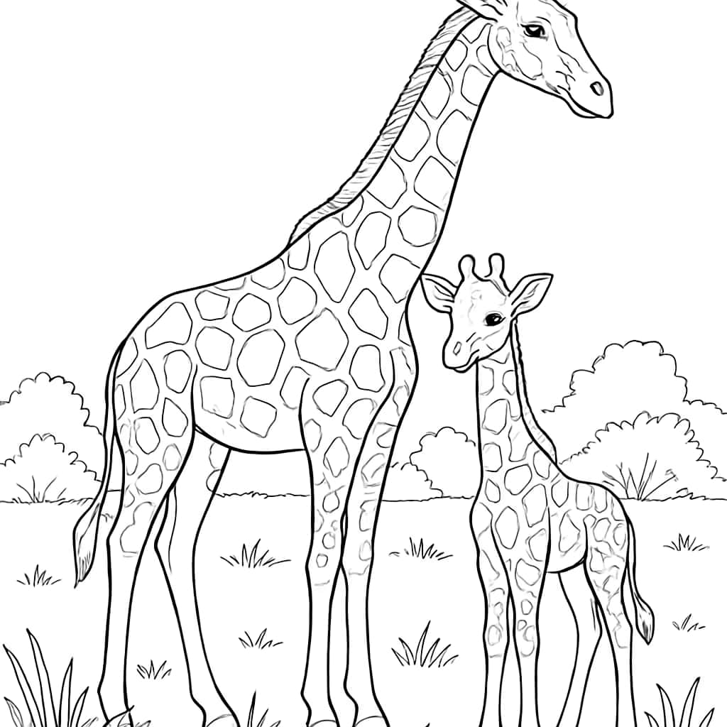 Páginas para colorear de jirafas: bebé jirafa con su mamá