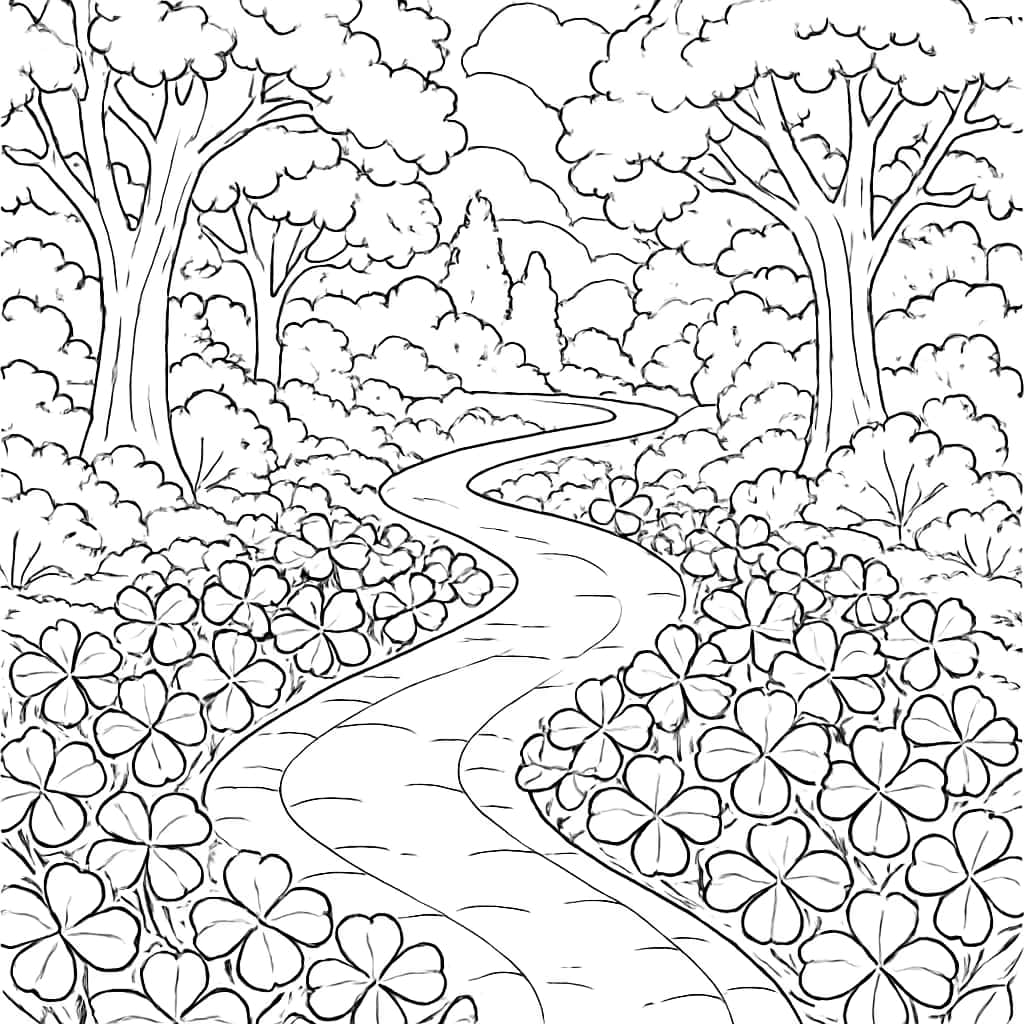 Four Leaf Clover Coloring Pages - Forest Path for Adults