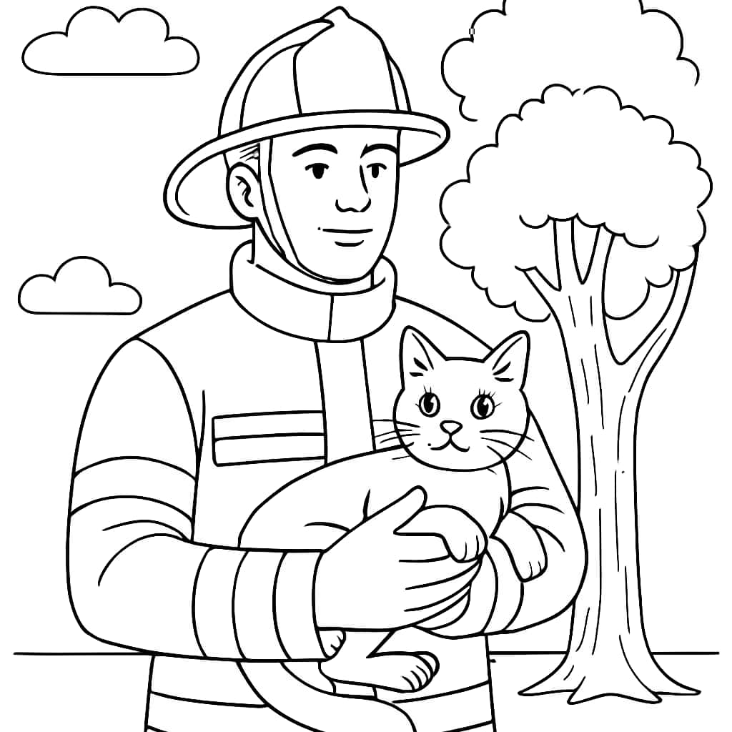 消防员涂色页:消防员救猫