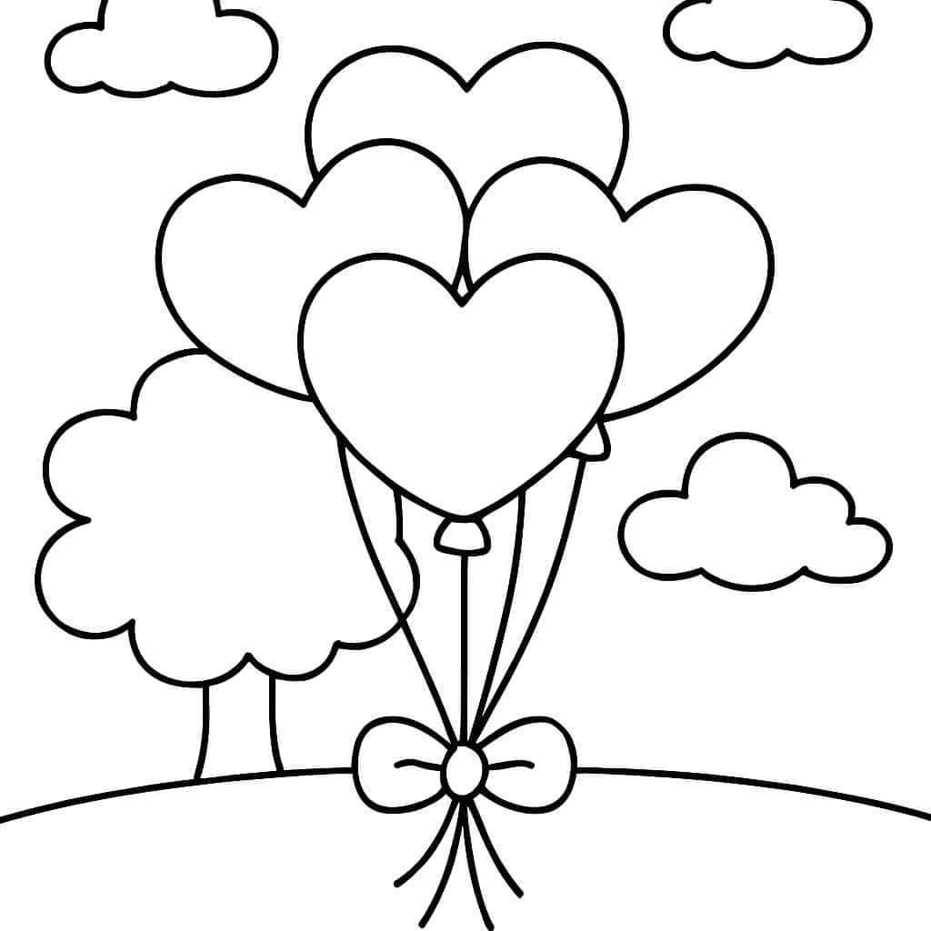Heart Coloring Pages - Heart Balloon Bouquet for Kids