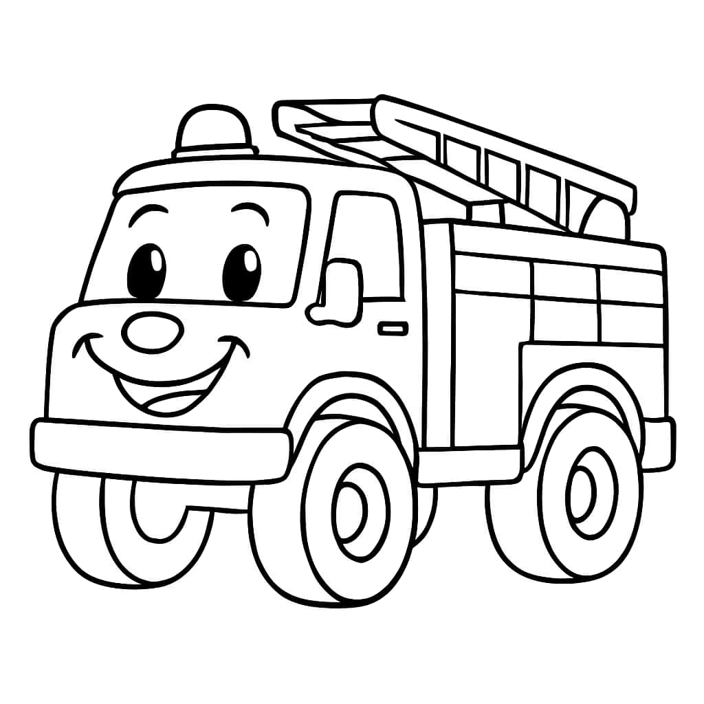 消防車ぬりえページ(かわいい顔のカートゥーン消防車)