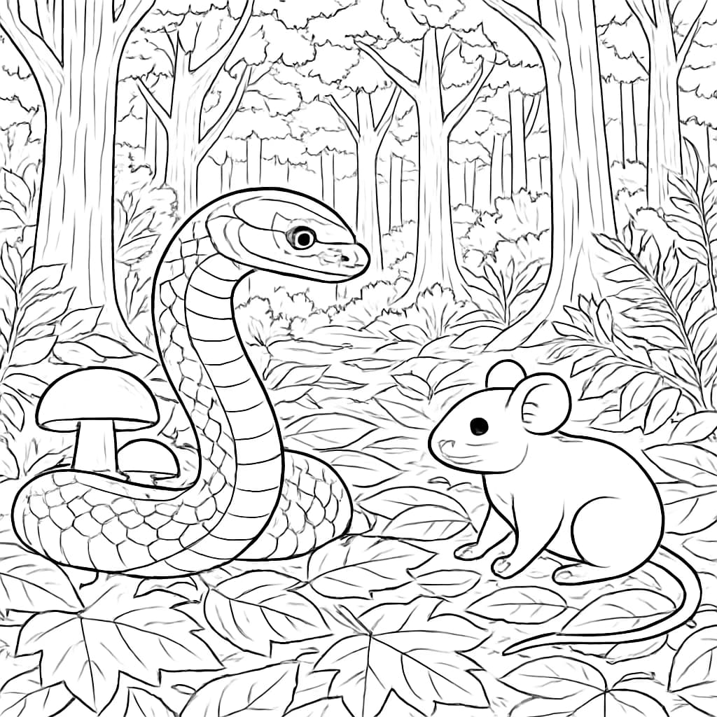 Páginas para Colorir de Cobras – Cena de Cobra e Rato na Floresta