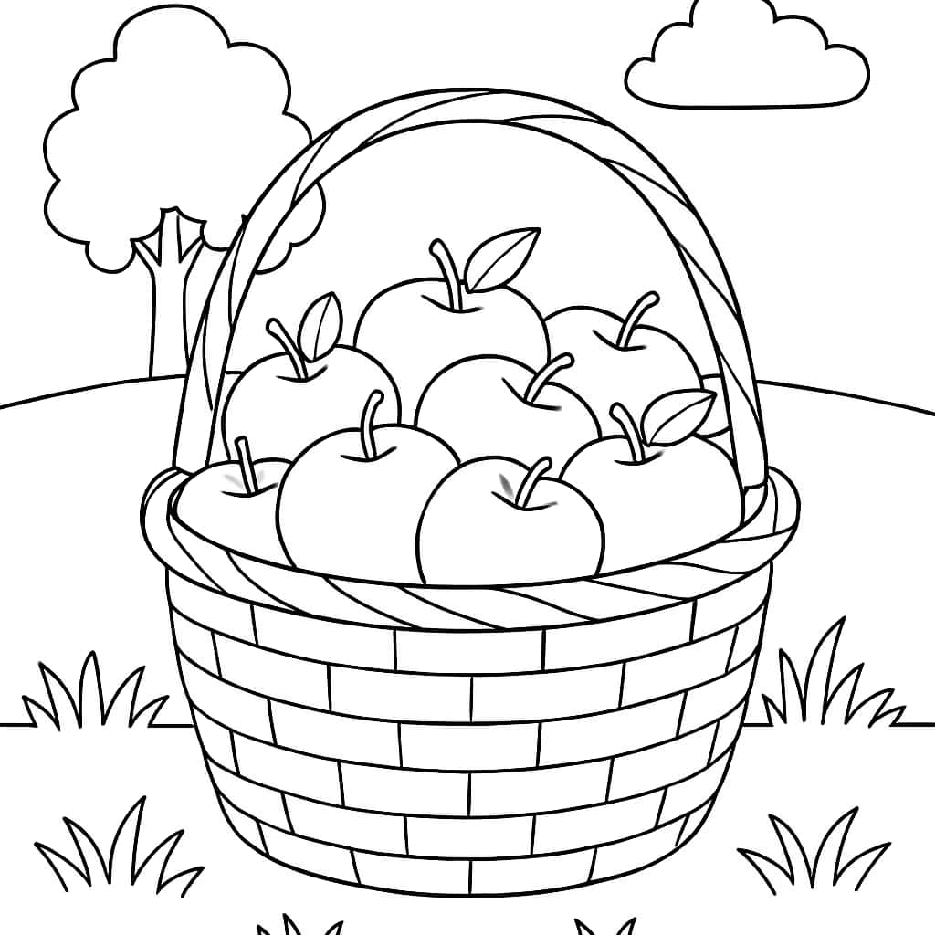 蘋果涂色頁:蘋果籃適合兒童的涂色紙