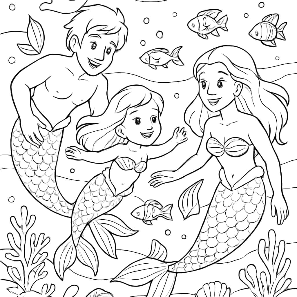 美人魚涂色頁:海底美人魚家庭