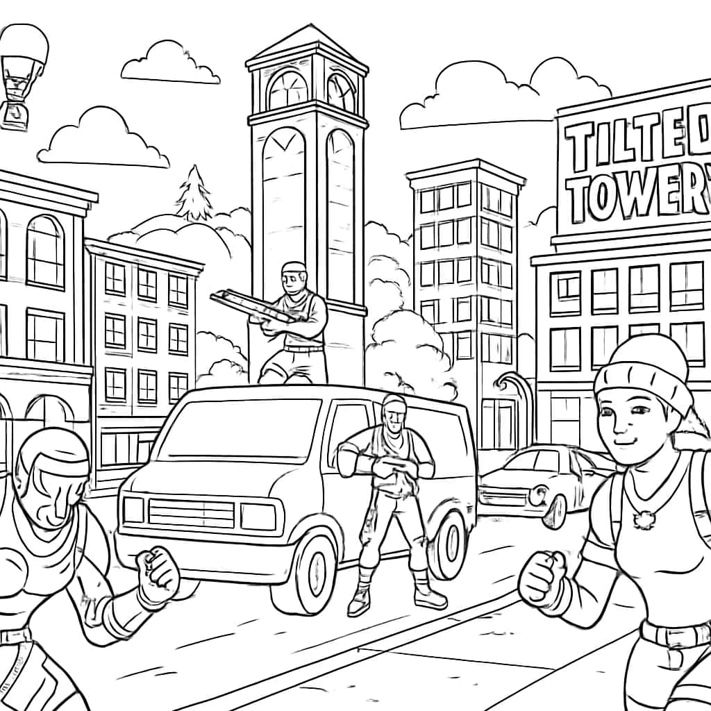 Fortnite раскраски — Детализированная сцена Башен Тилтед