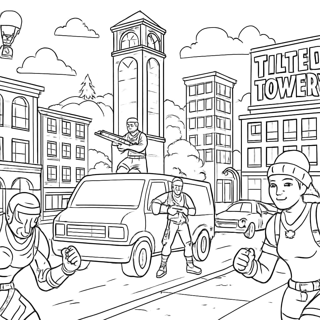 Fortnite раскраски — Детализированная сцена Башен Тилтед