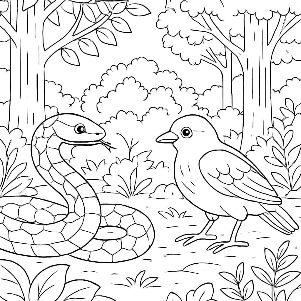Snake Coloring Pages - Snake and Bird Forest Scene