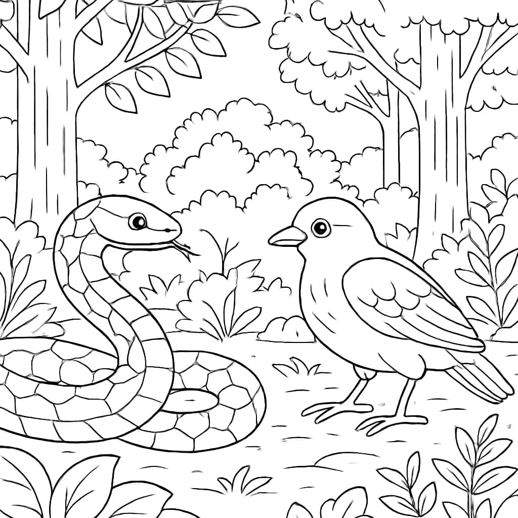 Páginas para colorir de cobras – Cobra e Pássaro