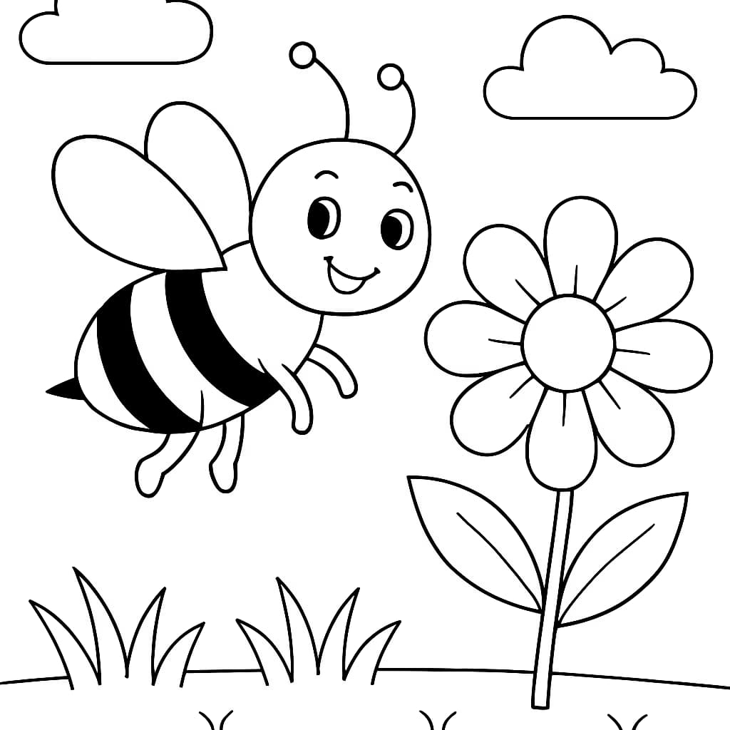 昆虫涂色页:卡通蜜蜂与花朵