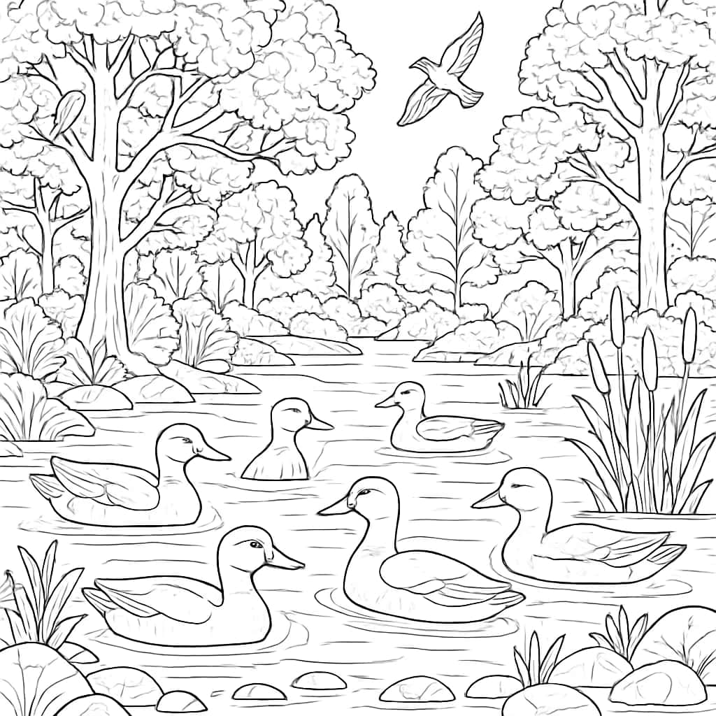 Duck Coloring Pages - Ducks in Complex Forest Pond