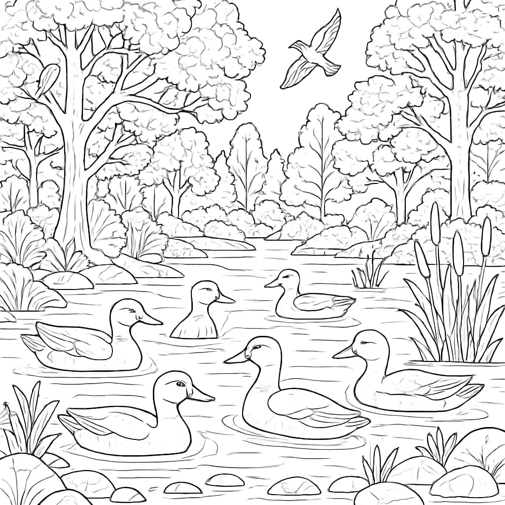 Duck Coloring Pages – Ducks in Complex Forest Pond