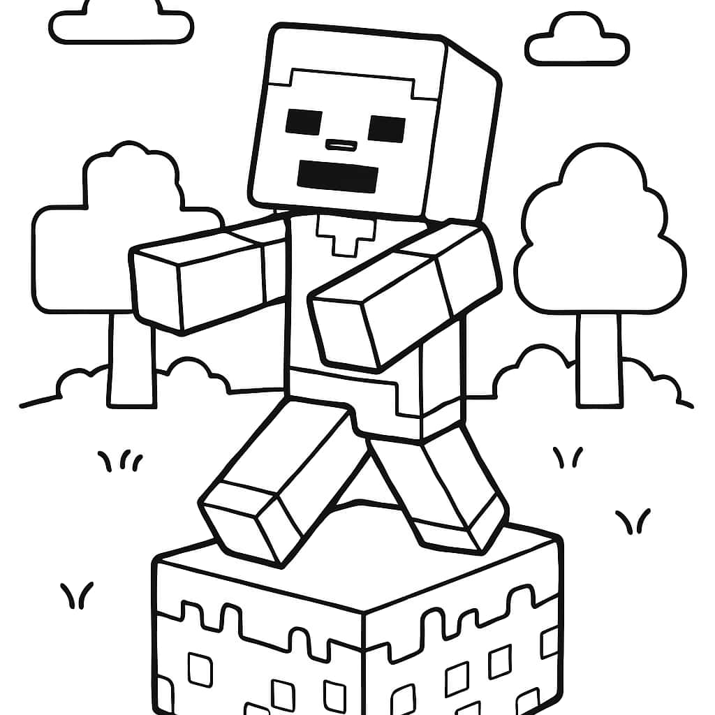 Minecraft Coloring Pages - Simple Zombie Scene for Kids
