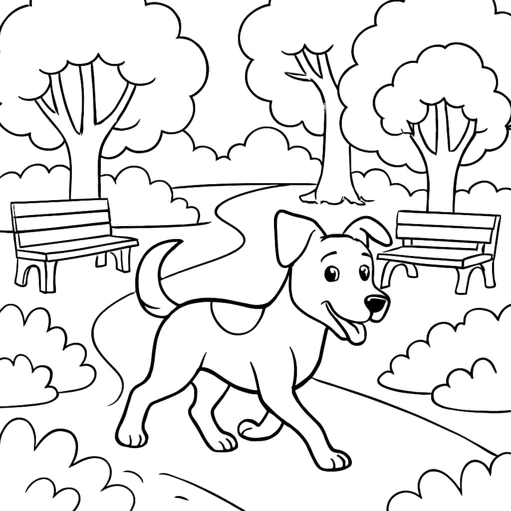 Pages de coloriage de chiens - Promenade dans le parc