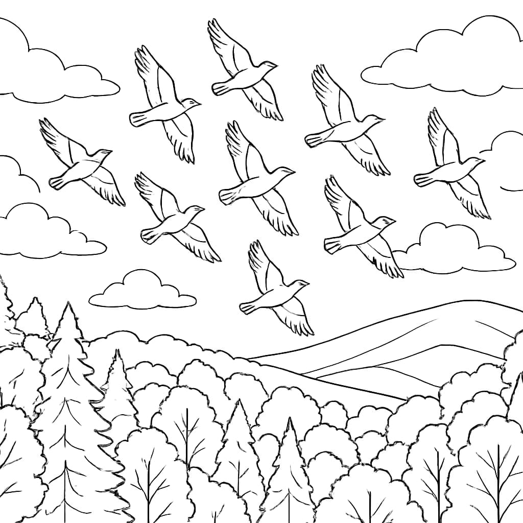 자연 색칠하기 페이지 – 새떼와 자연 풍경