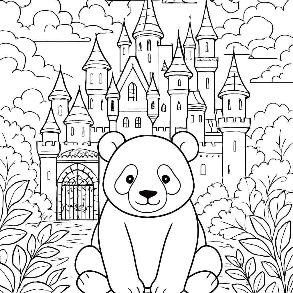 Panda Coloring Pages - Fantasy Castle Adult Coloring Sheet