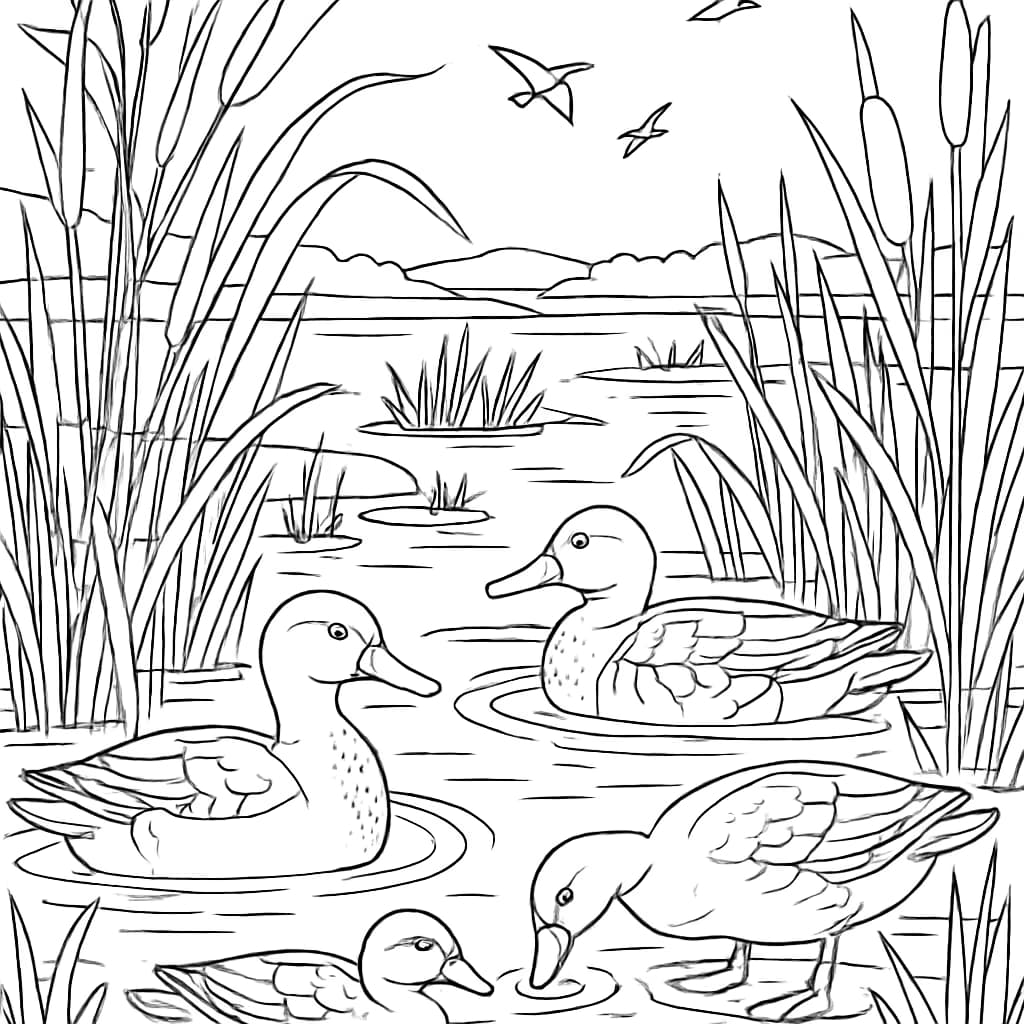 Duck Coloring Pages – Ducks in Wetland Habitat Printable for Adults