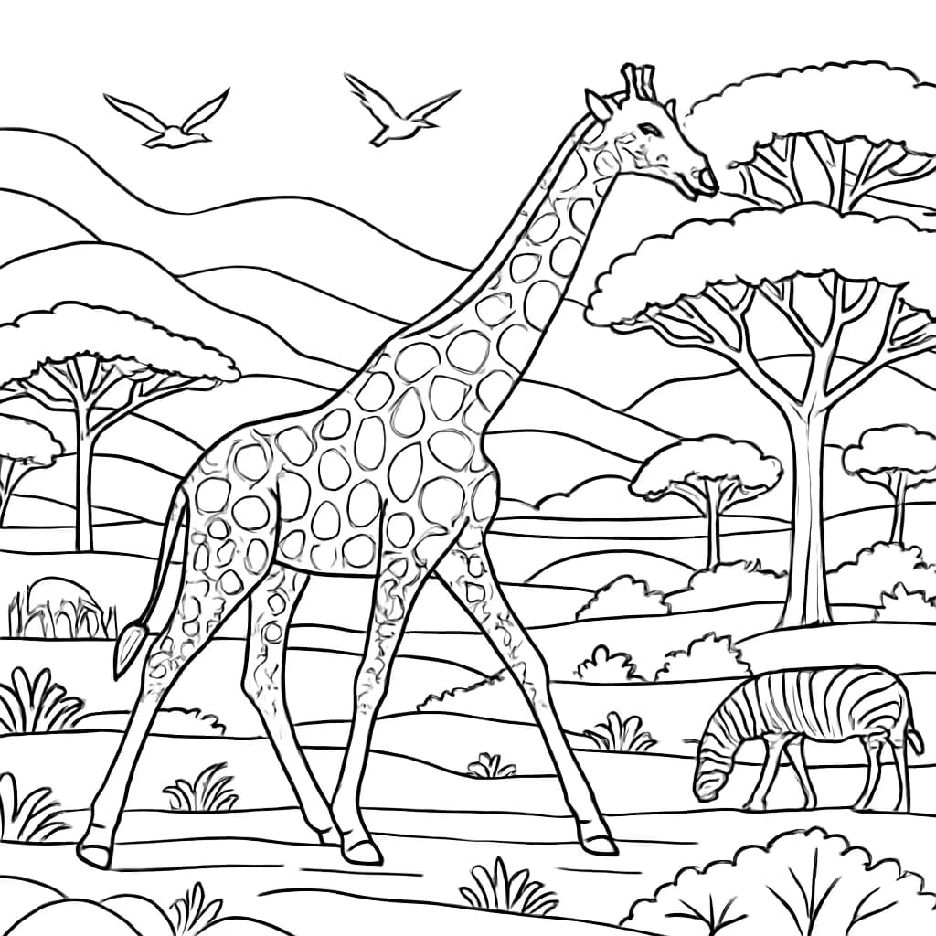 キリンぬりえページ:アフリカの風景のキリン