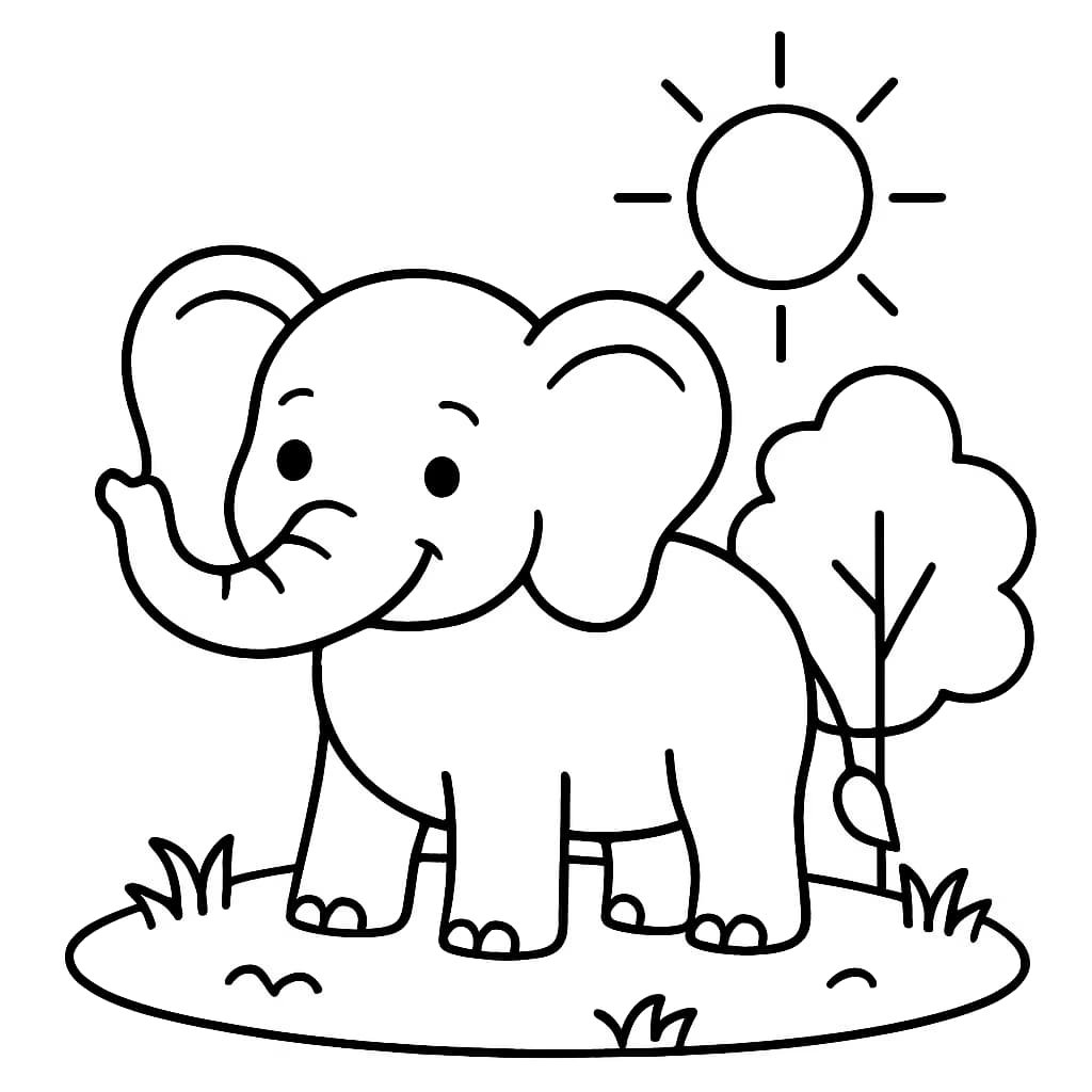 Páginas para colorear de animales - Elefante en la hierba