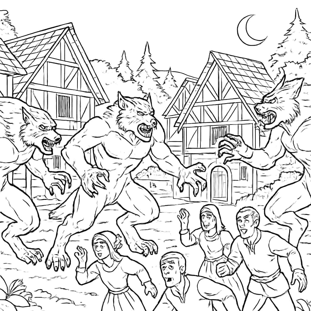 Werewolf Coloring Pages - Village Attacked by Werewolves