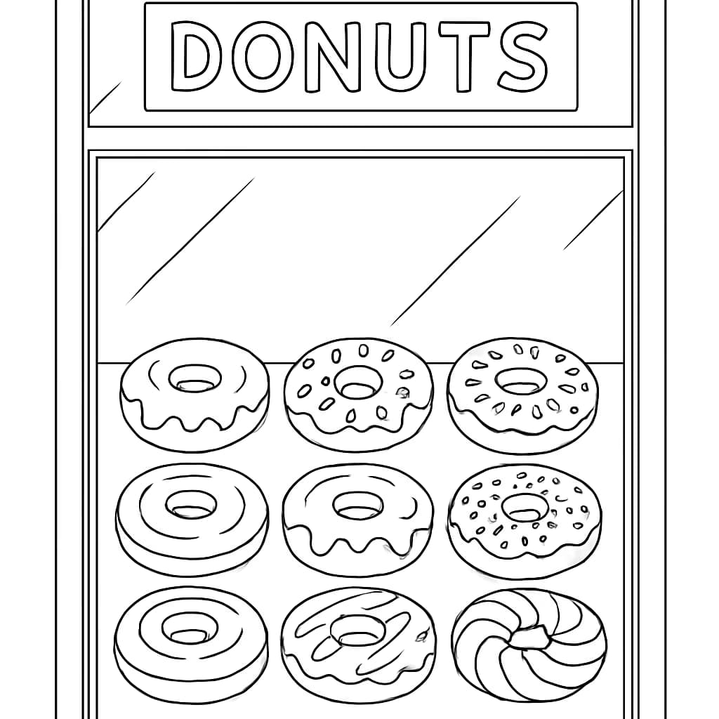 甜甜圈涂色页 - 甜甜圈店橱窗场景