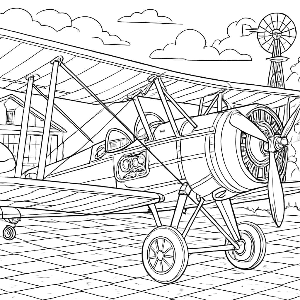 Airplane Coloring Pages - Vintage Biplane Detailed Coloring Page for Adults