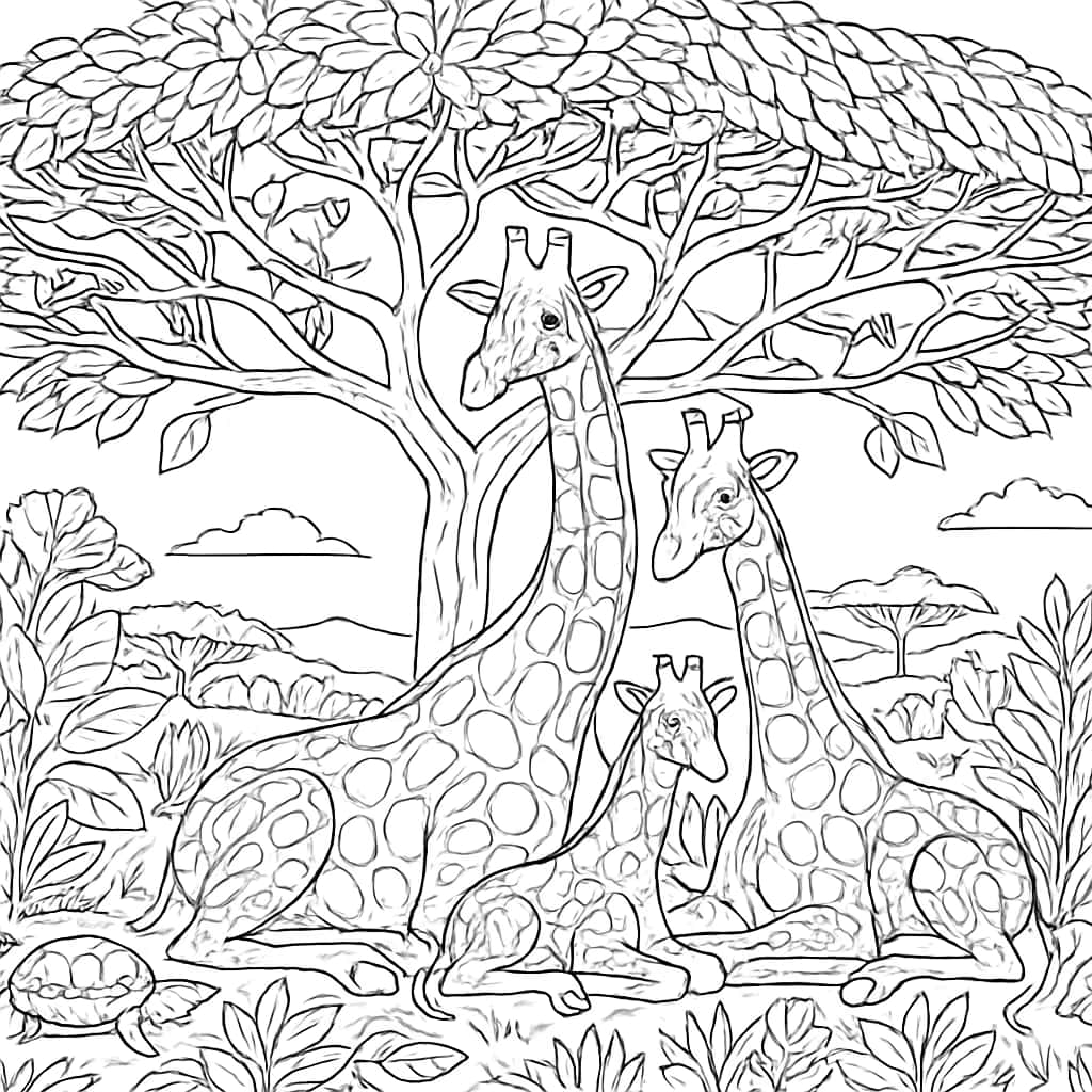 Páginas para colorear de jirafas: Familia de jirafas bajo el árbol