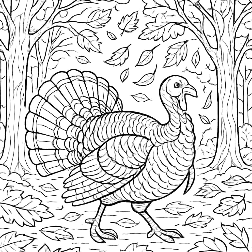 火雞涂色頁:秋日森林場景