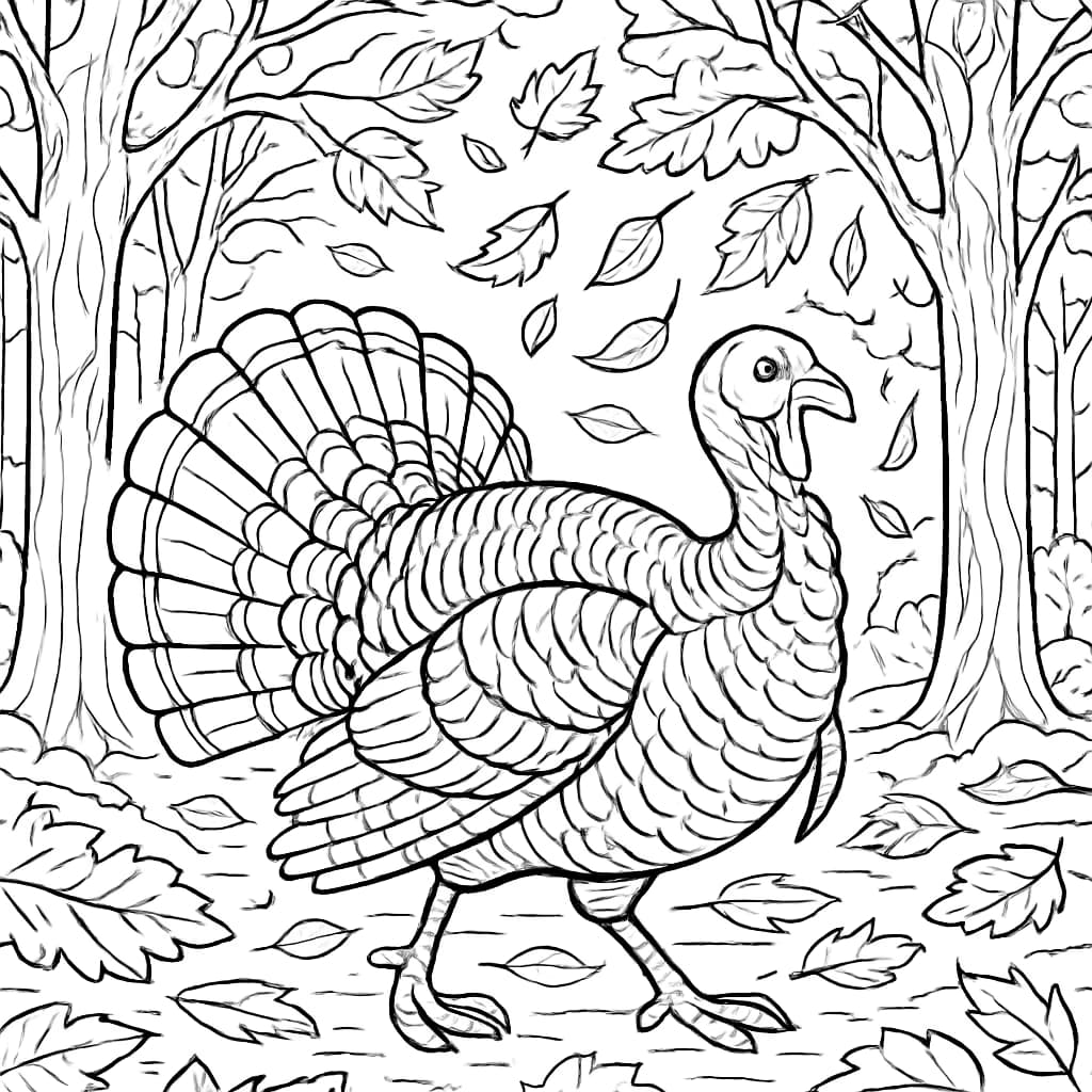 火雞涂色頁:秋日森林場景