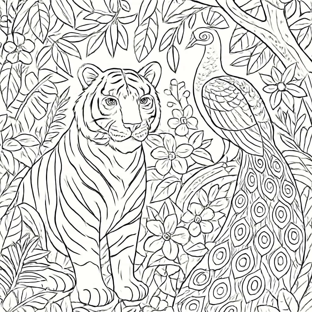 Páginas para colorear de tigres: escena de tigre y pavo real en la jungla