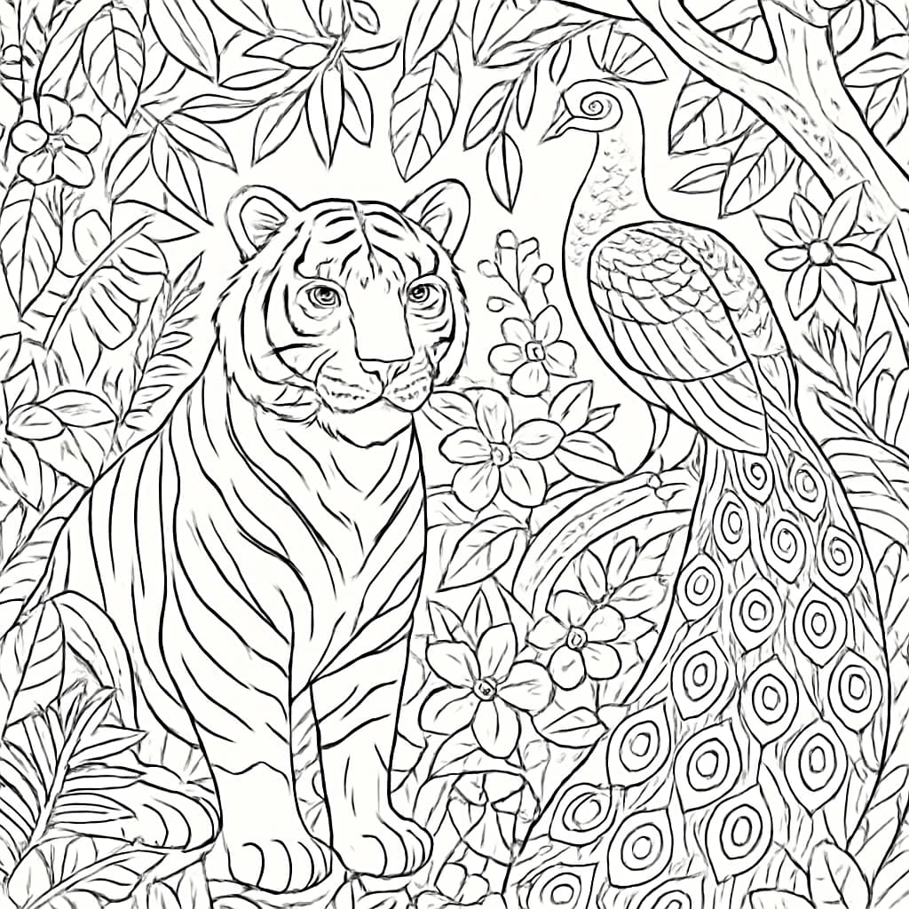 トラぬりえページ|トラとクジャクのジャングルシーン