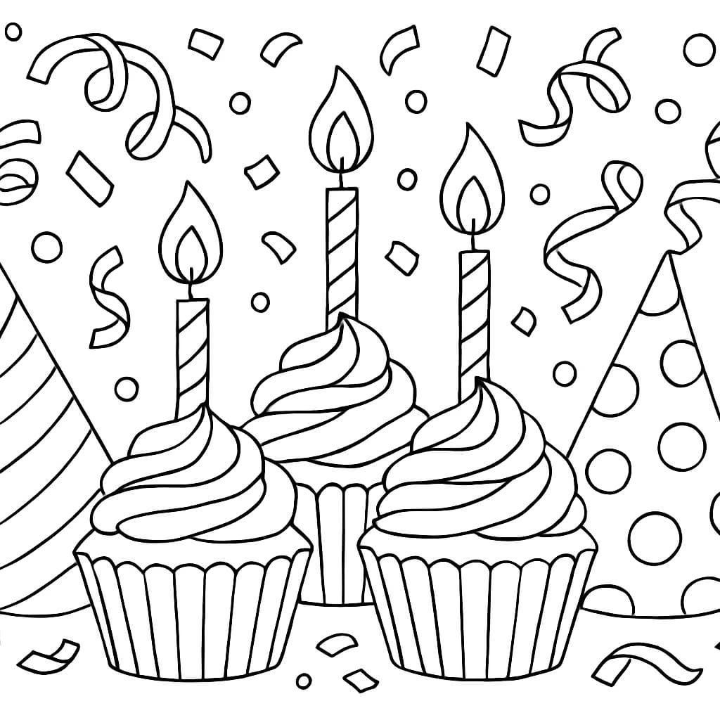 杯子蛋糕涂色页 | 生日杯子蛋糕庆祝主题
