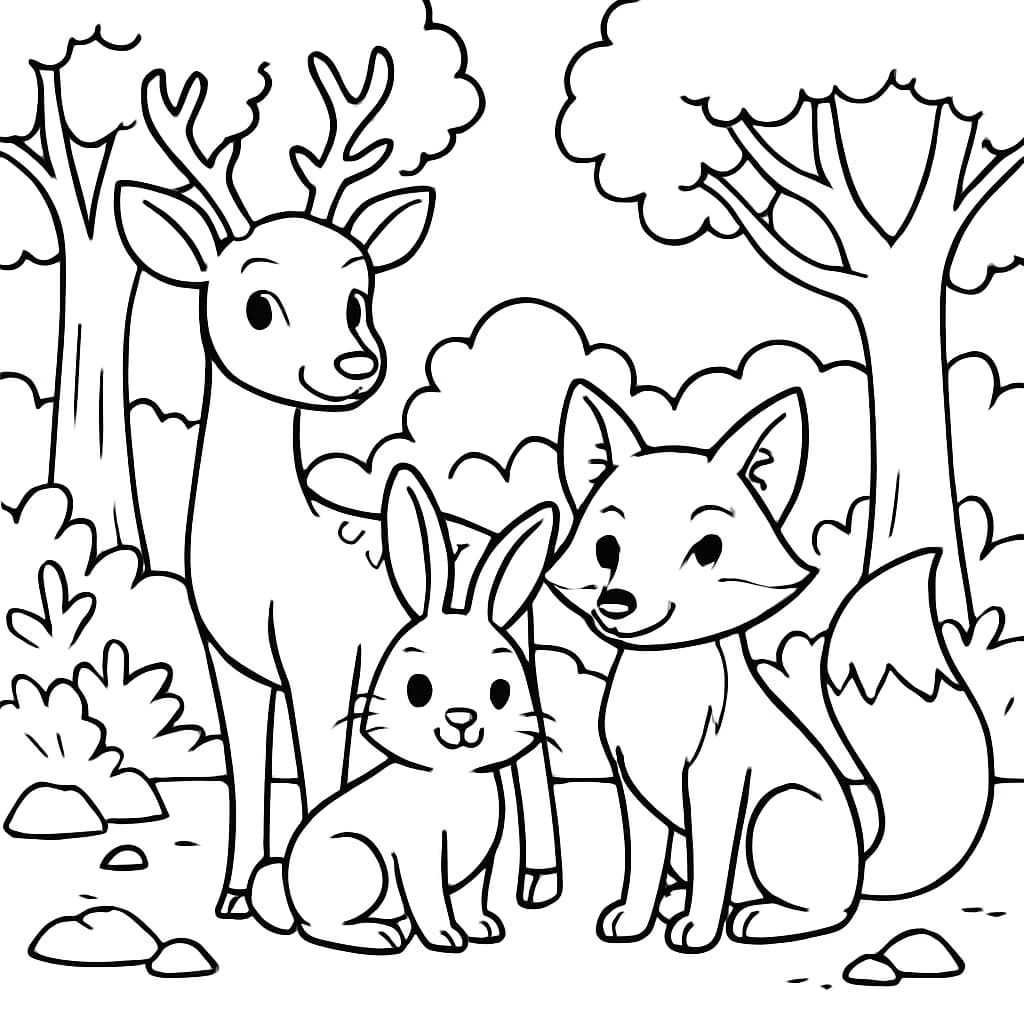 Páginas para Colorear de Animales: Grupo de Animales del Bosque