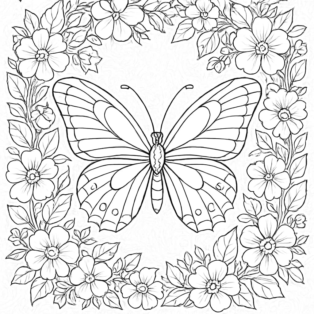 蝴蝶涂色頁 - 精緻花卉框架設計