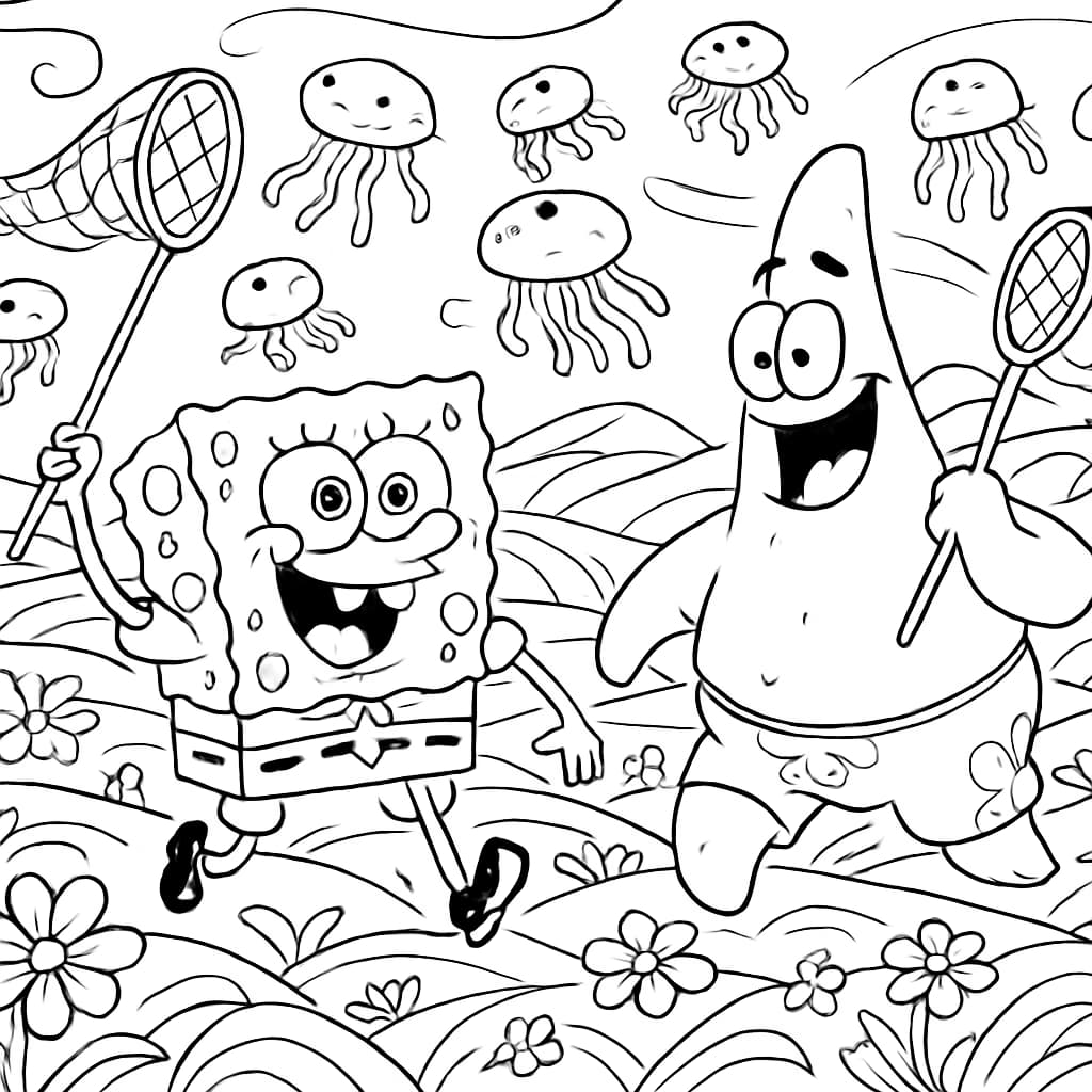 SpongeBob 涂色页:水母草原捉水母场景
