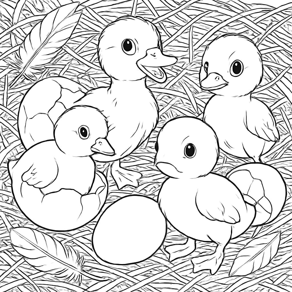 Duck Coloring Pages - Ducklings Hatching from Eggs