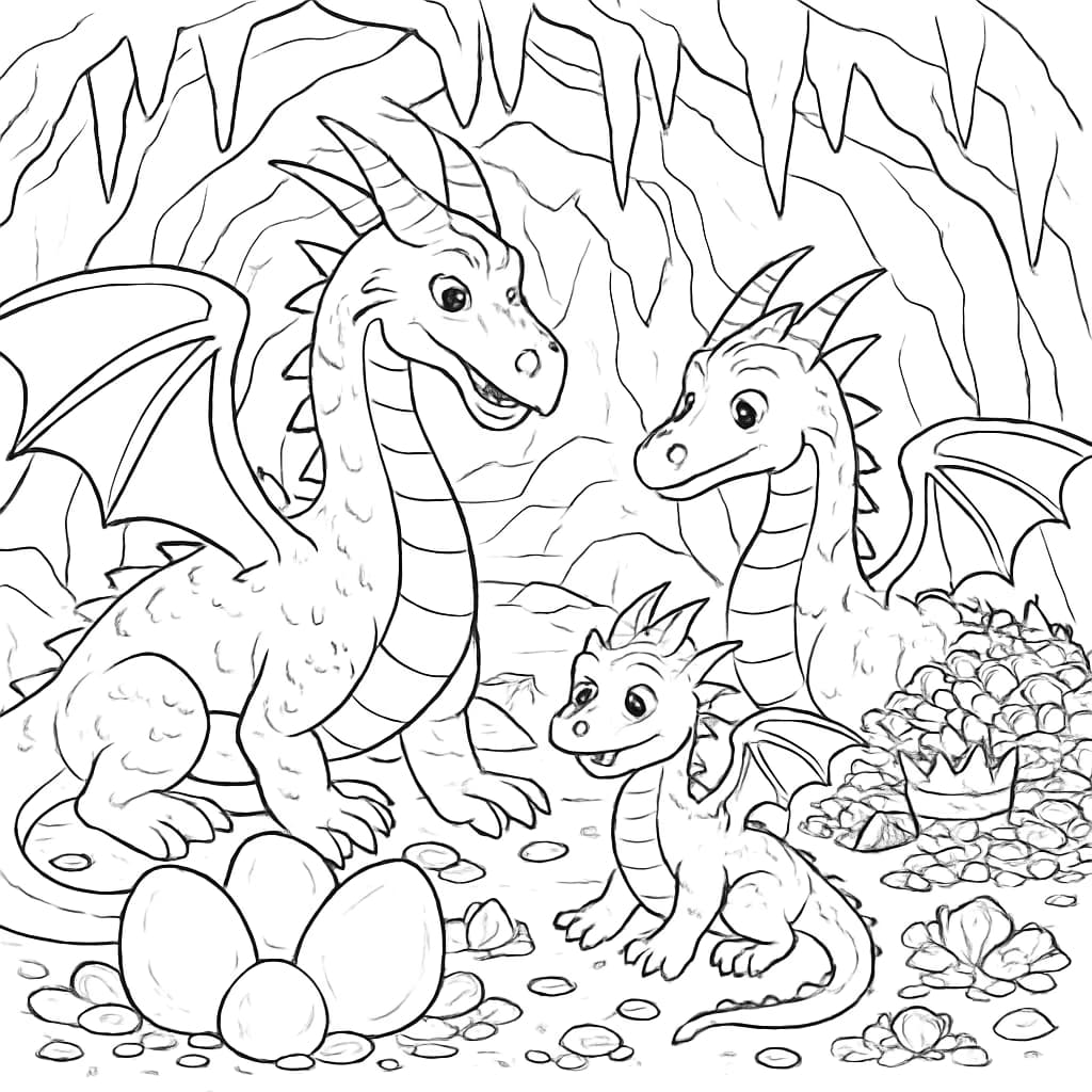 드래곤 색칠공부 페이지 - 동굴 속 드래곤 가족