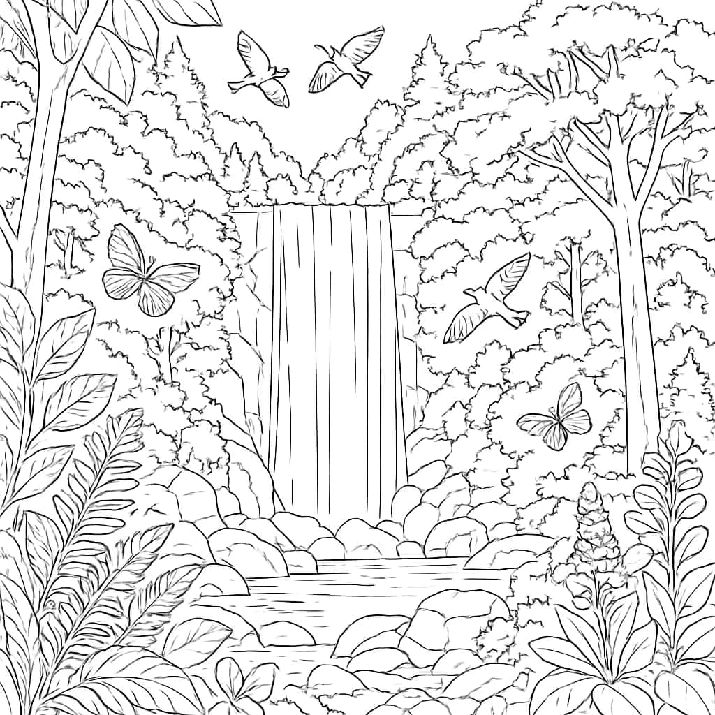 大自然涂色頁:森林瀑布精細線稿