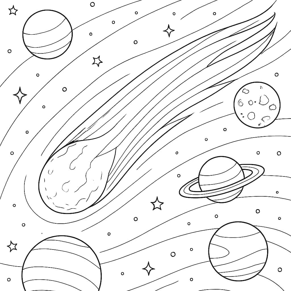 Páginas para colorear del sistema solar: Cometa atravesando el espacio