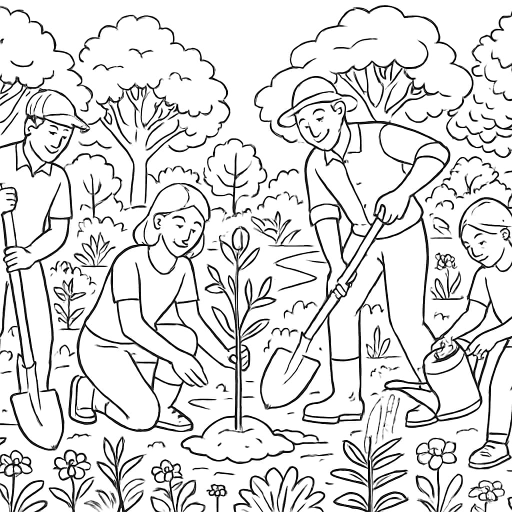地球日涂色页:團體植樹場景