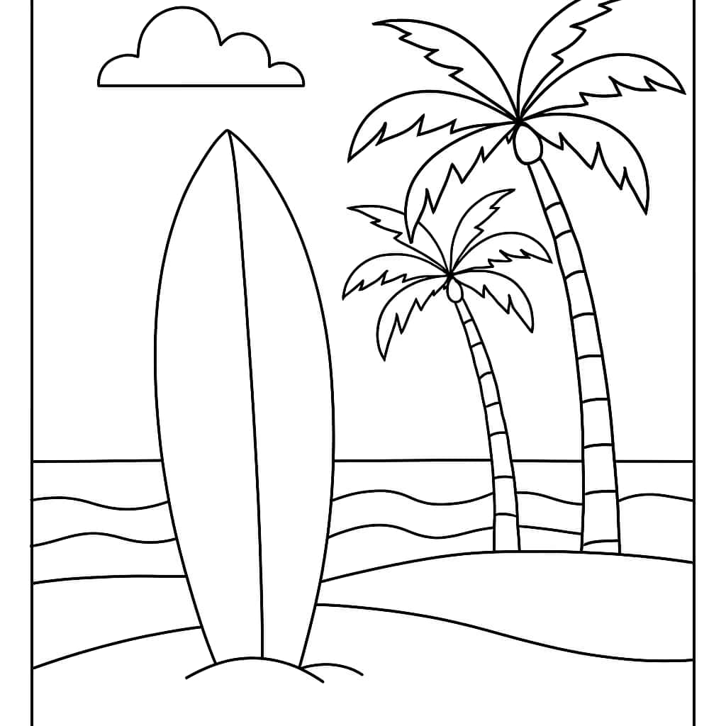 夏威夷涂色页|冲浪板海滩儿童涂色画