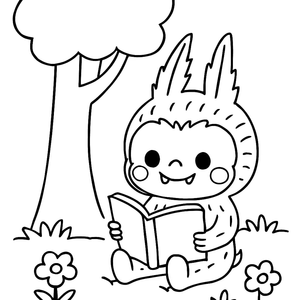Labubu Malvorlagen – Labubu liest Bücher unter einem Baum