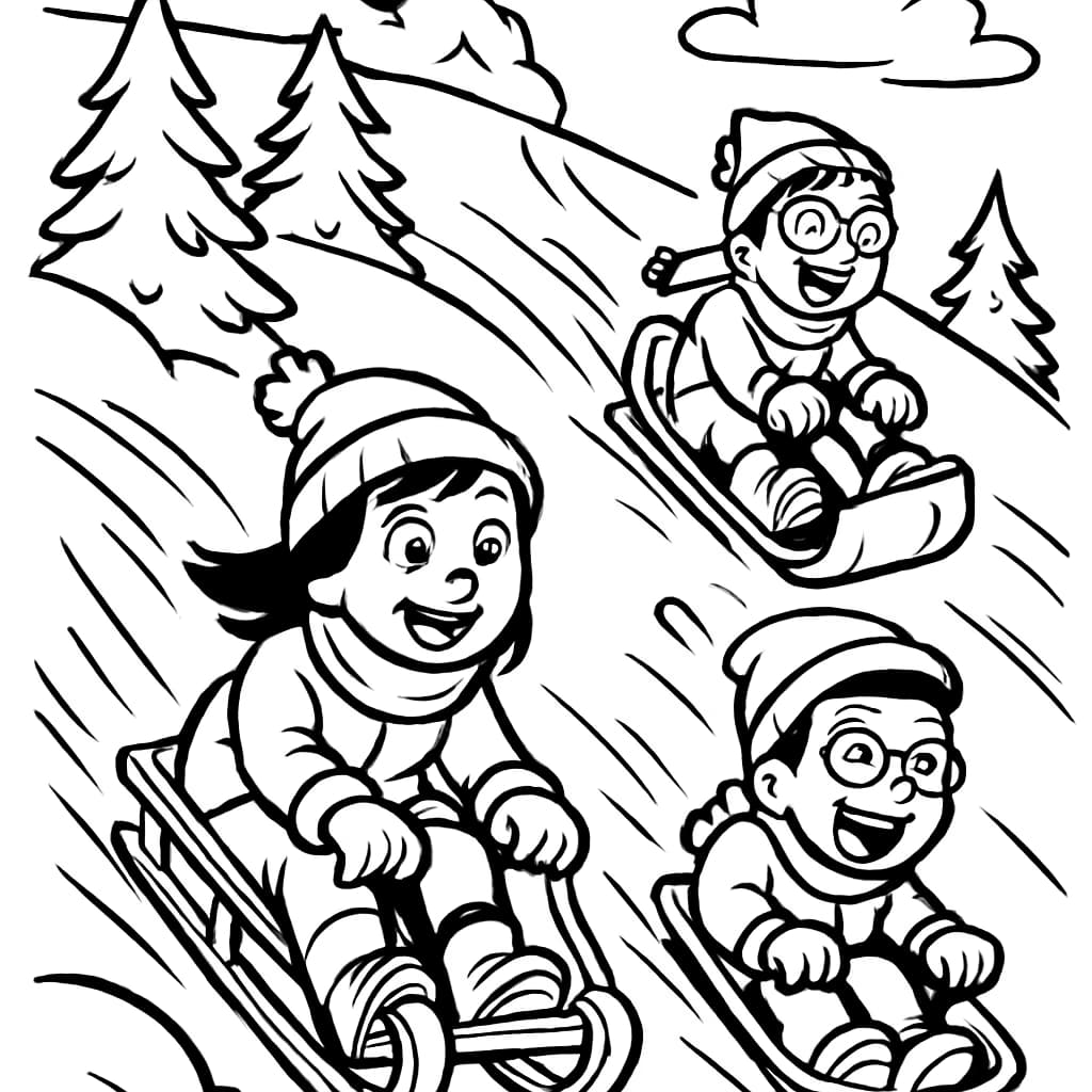 Pages de coloriage d'hiver – Enfants en luge