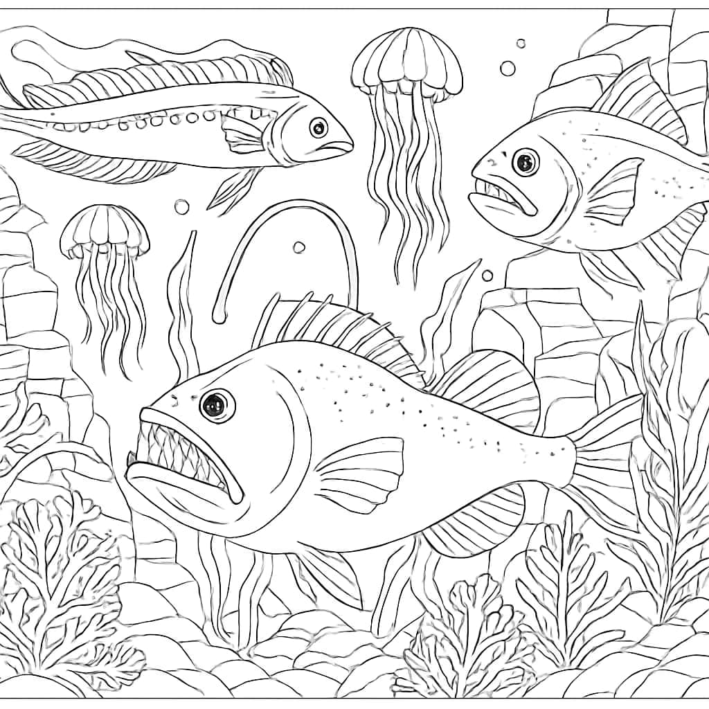 Fish Coloring Pages | Deep Sea Fish Scene for Adults