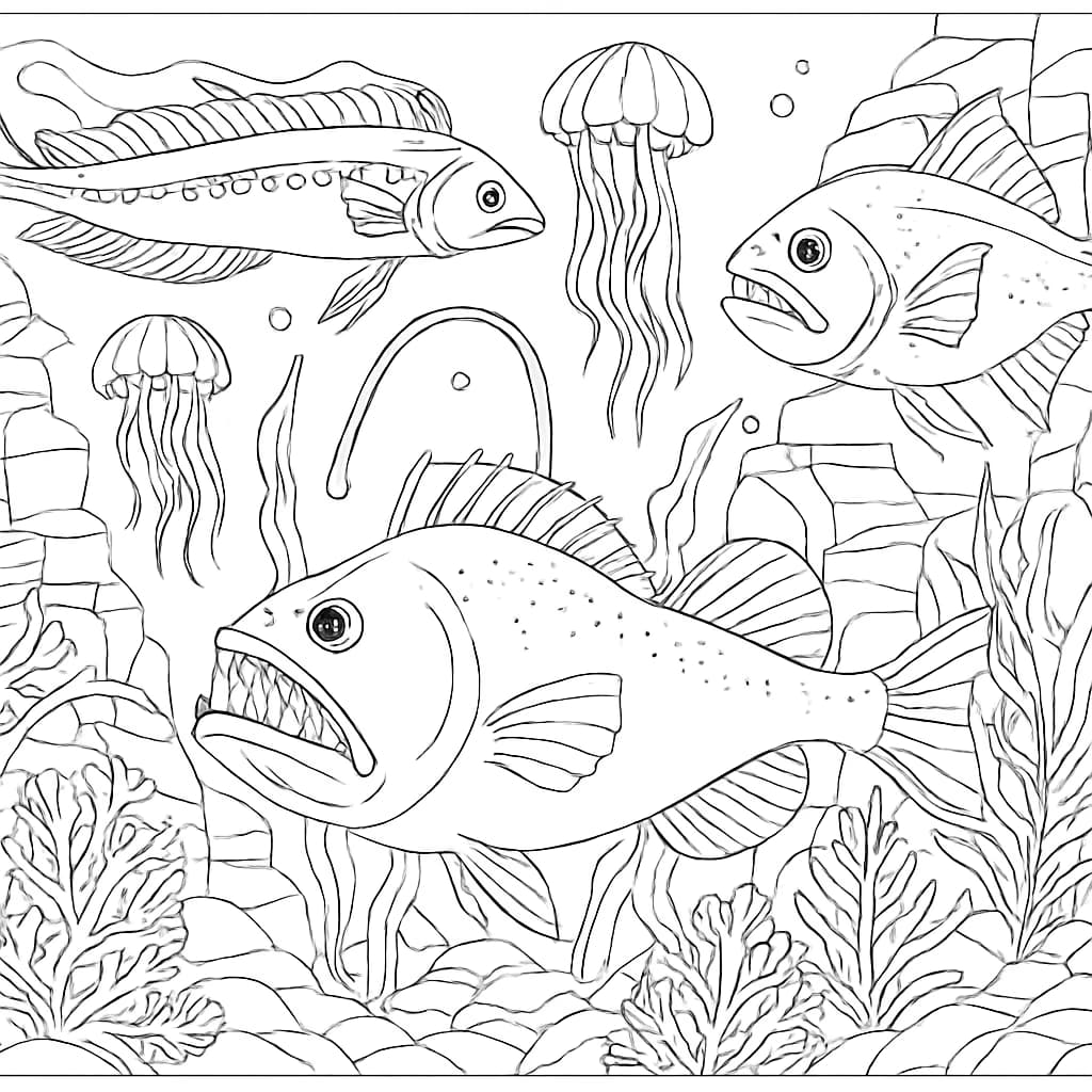 Fish Coloring Pages | Deep Sea Fish Scene for Adults