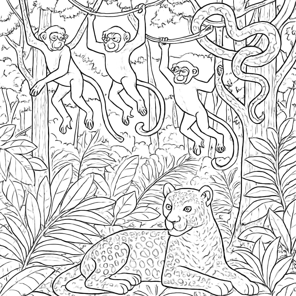 Páginas para colorear de animales: Aventura en la jungla
